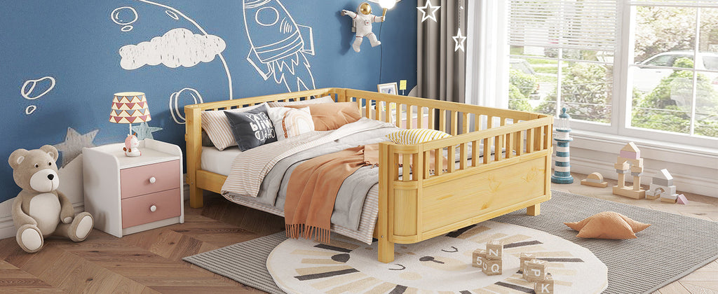 Full Size Wood Platform Bed for Kids, Wood Low Profile Full Bed with Rails for Girls and Boys, Natural (Patented Design, Old SKU W2593P233781)