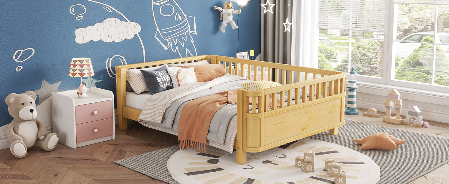 Full Size Wood Platform Bed for Kids, Wood Low Profile Full Bed with Rails for Girls and Boys, Natural (Patented Design, Old SKU W2593P233781)
