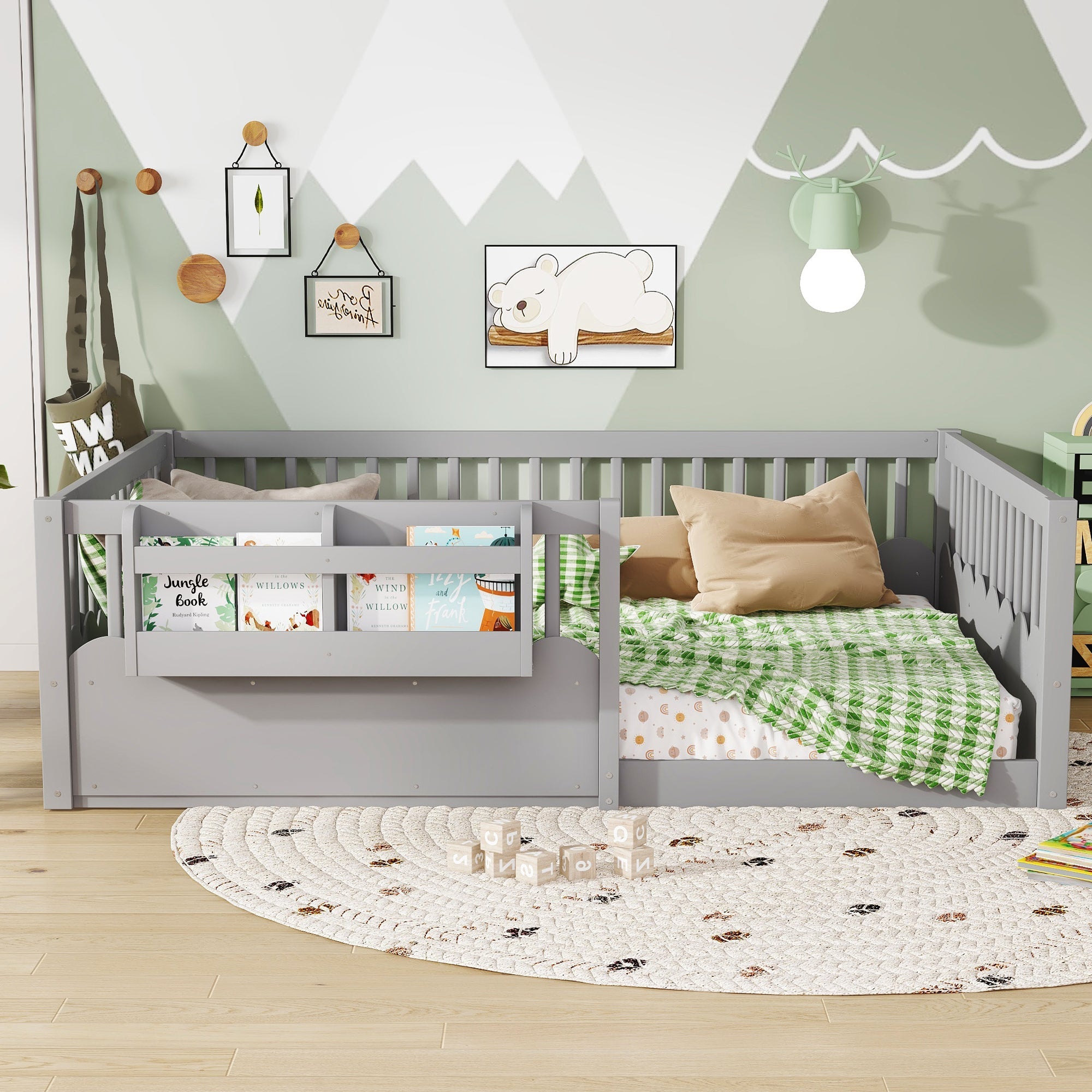 Full Floor bed with Heightened Fence and bookshelf ,Wood Floor Bed for Kids,Gray.