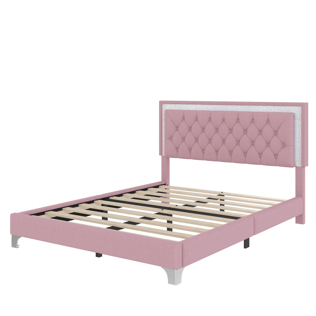 3-Pieces Bedroom Sets,Queen Size Upholstered Platform Bed with LED Lights and Two Nightstands-Pink