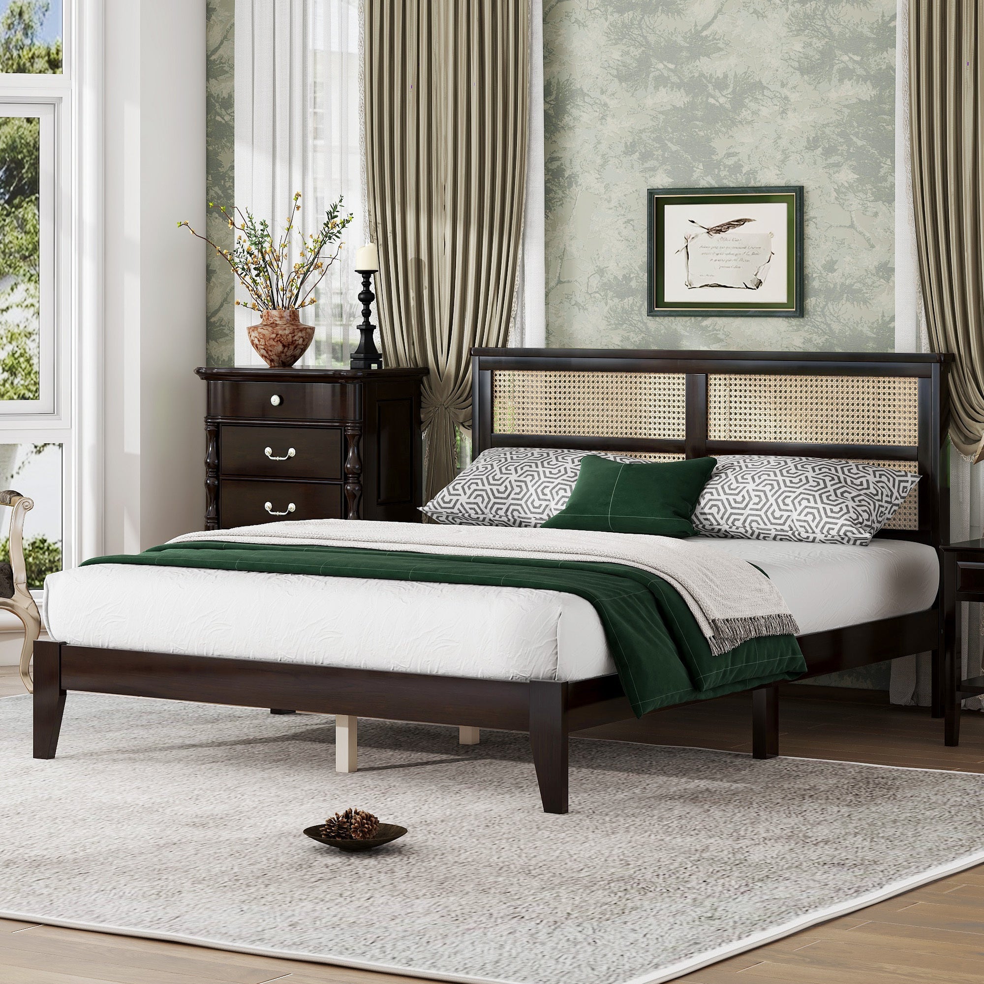 Queen Size Rubber Wooden, Solid Wooden Bed with Rattan Headboard, Enhanced by Support Feet,Espresso