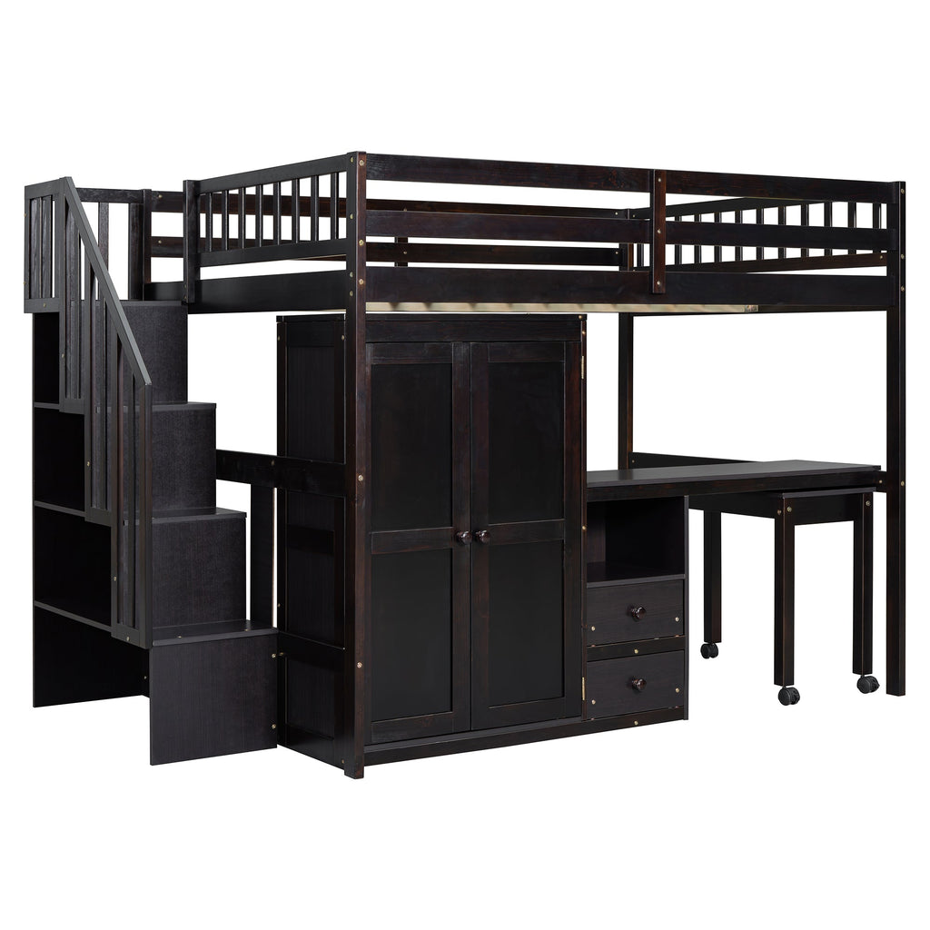 Full Size Loft Bed with Stairs, Bookshelf, Drawers, Desk & Wardrobe – Space-Saving Multifunctional Furniture for Kids & Teens-Espresso
