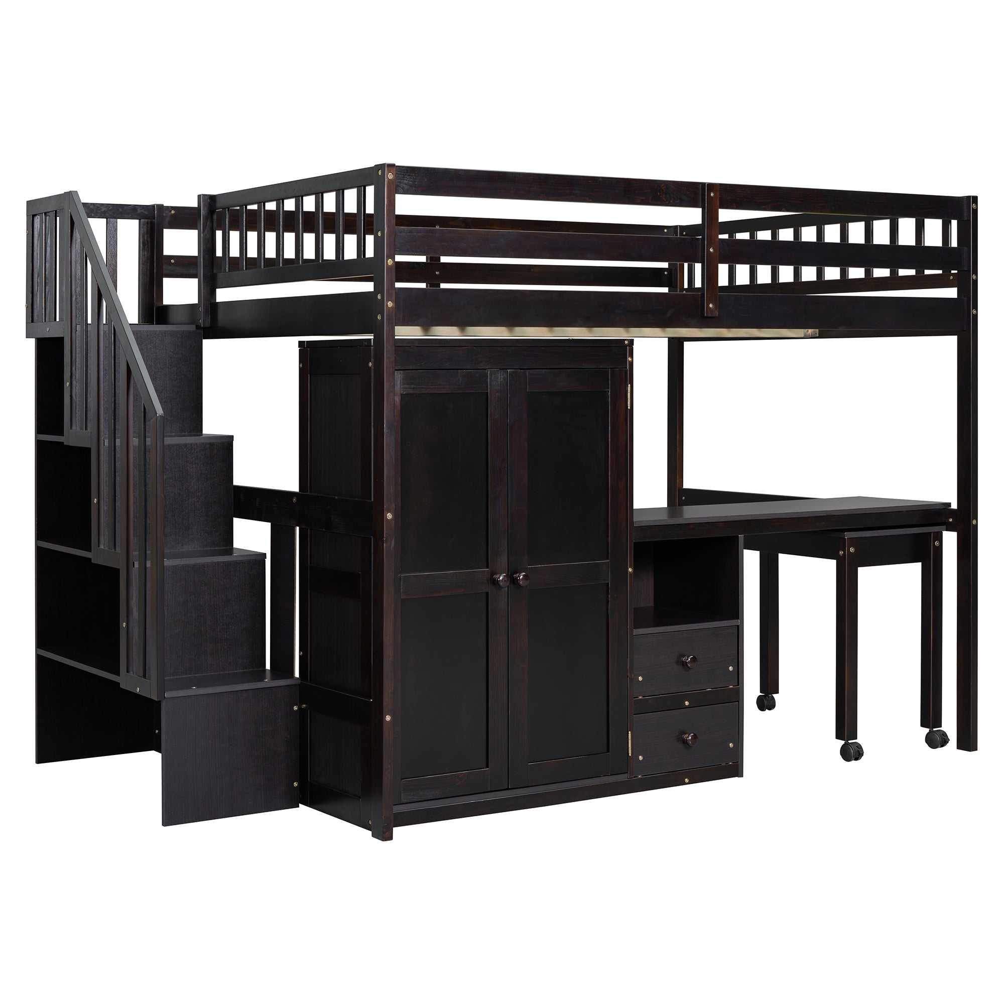 Full Size Loft Bed with Stairs, Bookshelf, Drawers, Desk & Wardrobe – Space-Saving Multifunctional Furniture for Kids & Teens-Espresso