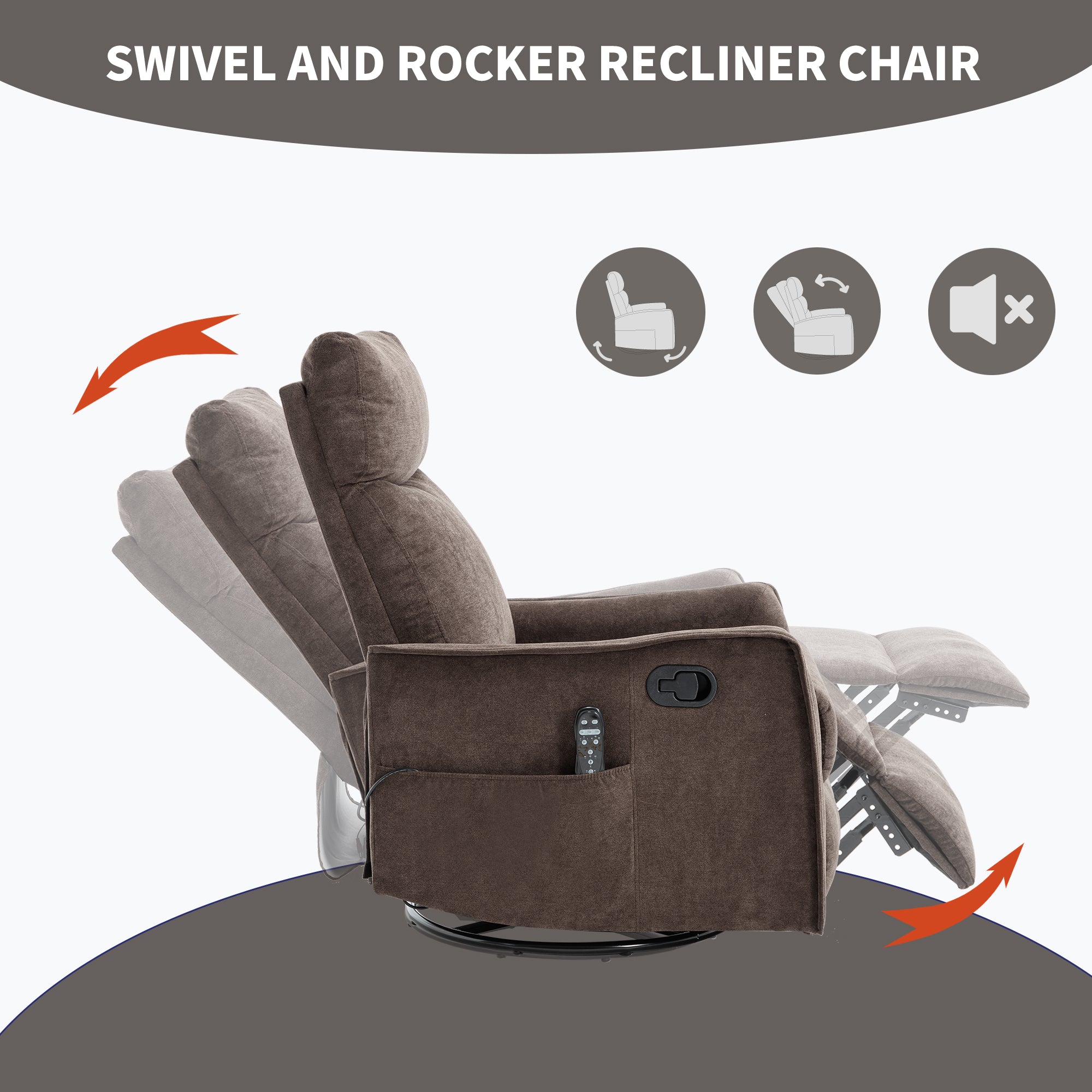 Heat Massage Manual Recliner Chair with Rocker and Swivel in Fabric for Living Room, Brown