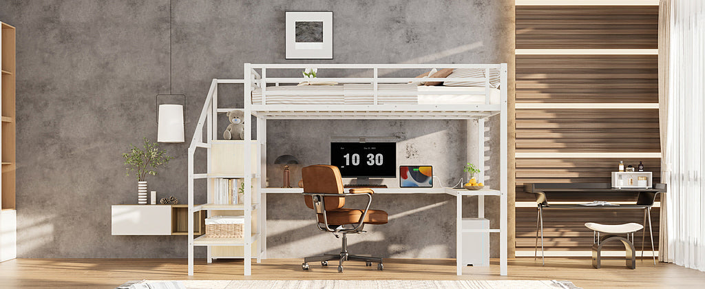 Queen Size Loft Bed with L-shaped Desk and USB, Metal Loft Bed with Wardrobe and Adjustable Shelf, High Loft Bed with LED for Kids Teens Adults, White Wood-grain