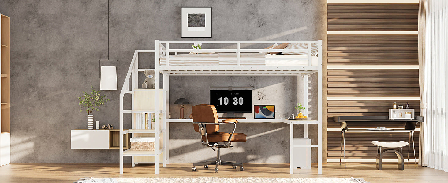 Queen Size Loft Bed with L-shaped Desk and USB, Metal Loft Bed with Wardrobe and Adjustable Shelf, High Loft Bed with LED for Kids Teens Adults, White Wood-grain