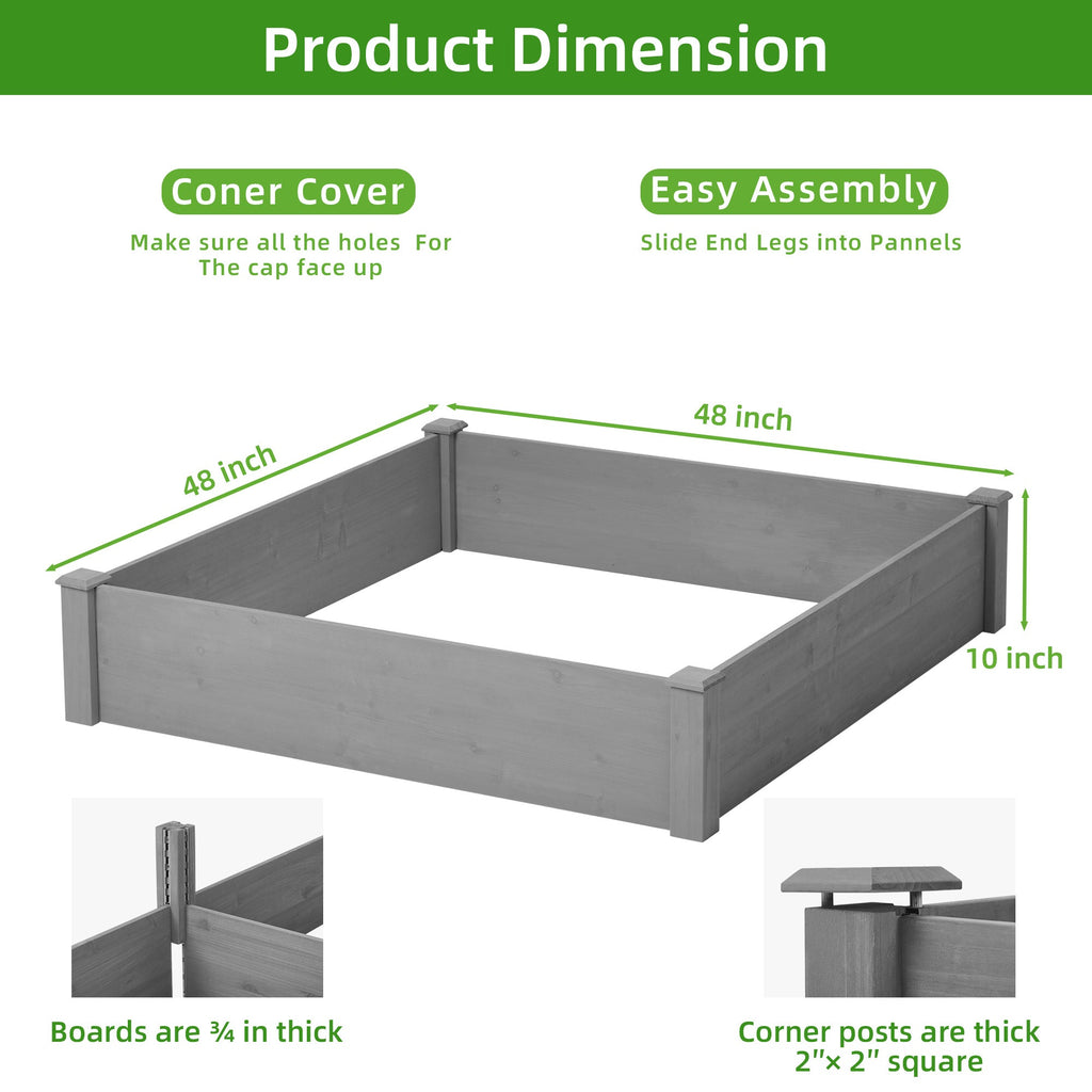 Outdoor Raised Garden Bed 48x48x10'', Tool-Free Assembly, Gray Solid Wood Planter Box