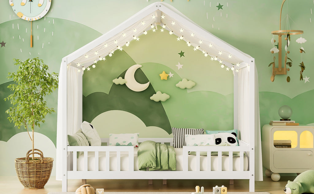 Montessori Floor Bed with Canopy, Full Bed Frame for Kids, House Shape Kids Bed Frame with High Railings, Wood Kids Bed with Roof, Kid Full Bed, White