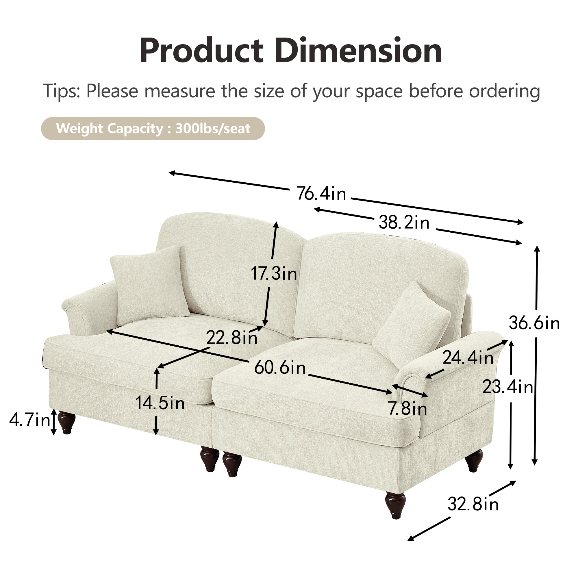 Classic 2 Piece Modular Couch Living Room Sofa Set with Flared Arms and Removable Ruffles Pleats Skirts and Spindle Legs, 3 Seater Sofa + 2-Seat Loveseat Sofa Sets for Living Room, Beige White