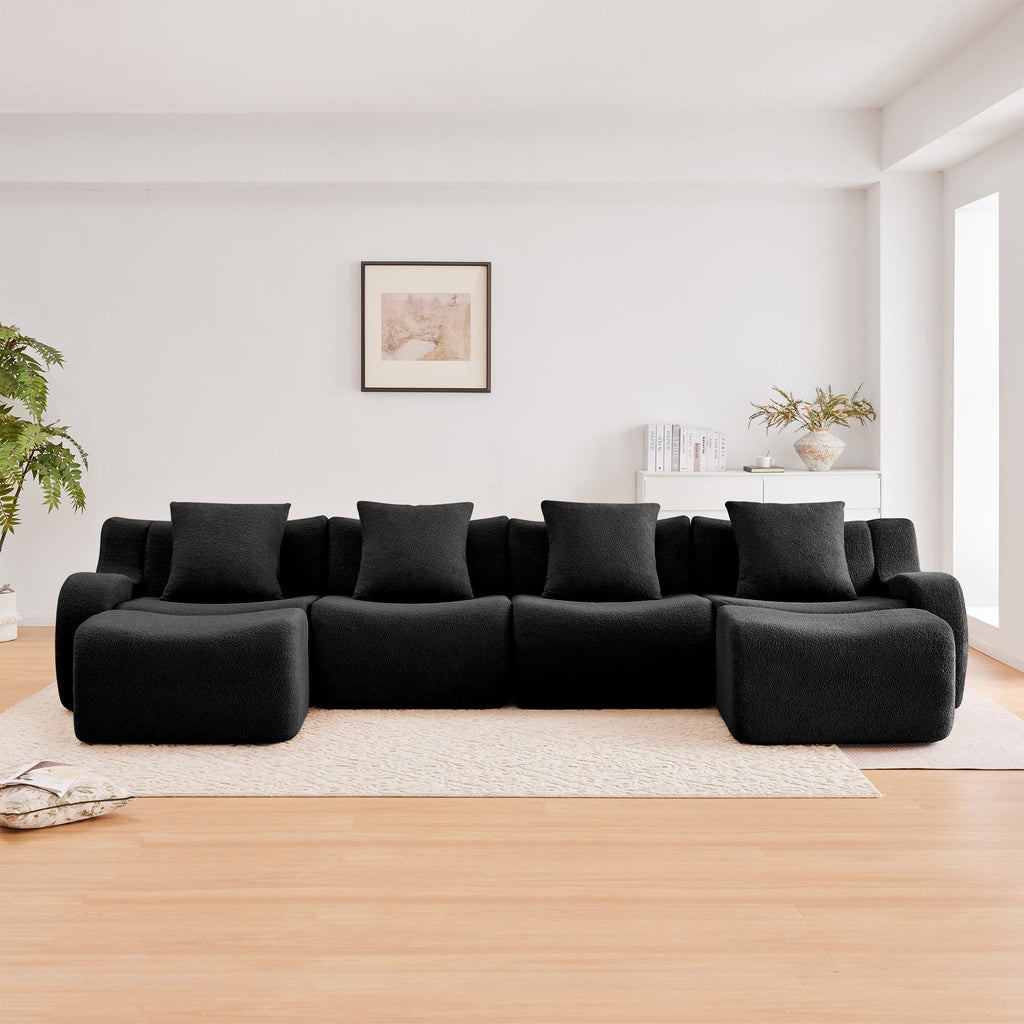 U-Shaped Boneless Sofa,Teddy Fabric No assembly required Curved armrest,Anti-slip Design,Streamlined Design 32D High Density Sponge,Full Compression Vacuum Packag,For Studies living Rooms,Black