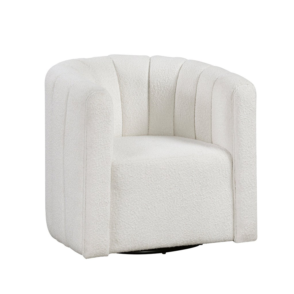 Modern Contemporary Swivel Chair with Ottoman White Boucle Fabric Upholstery Solid Wood Living Room Furniture