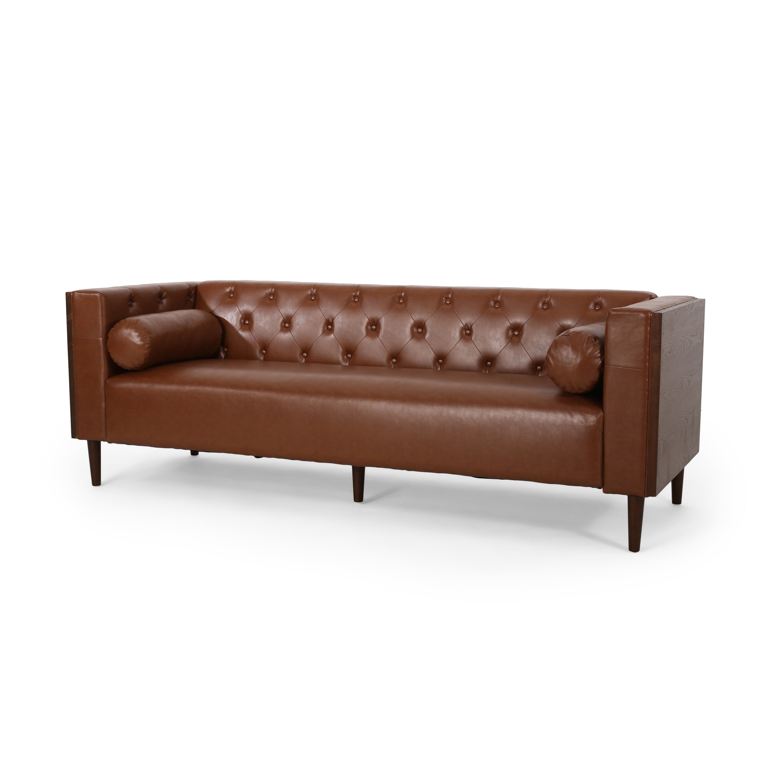 Contemporary 3-Seater Sofa with Tufted Design in Light Brown PU and Wood Accents