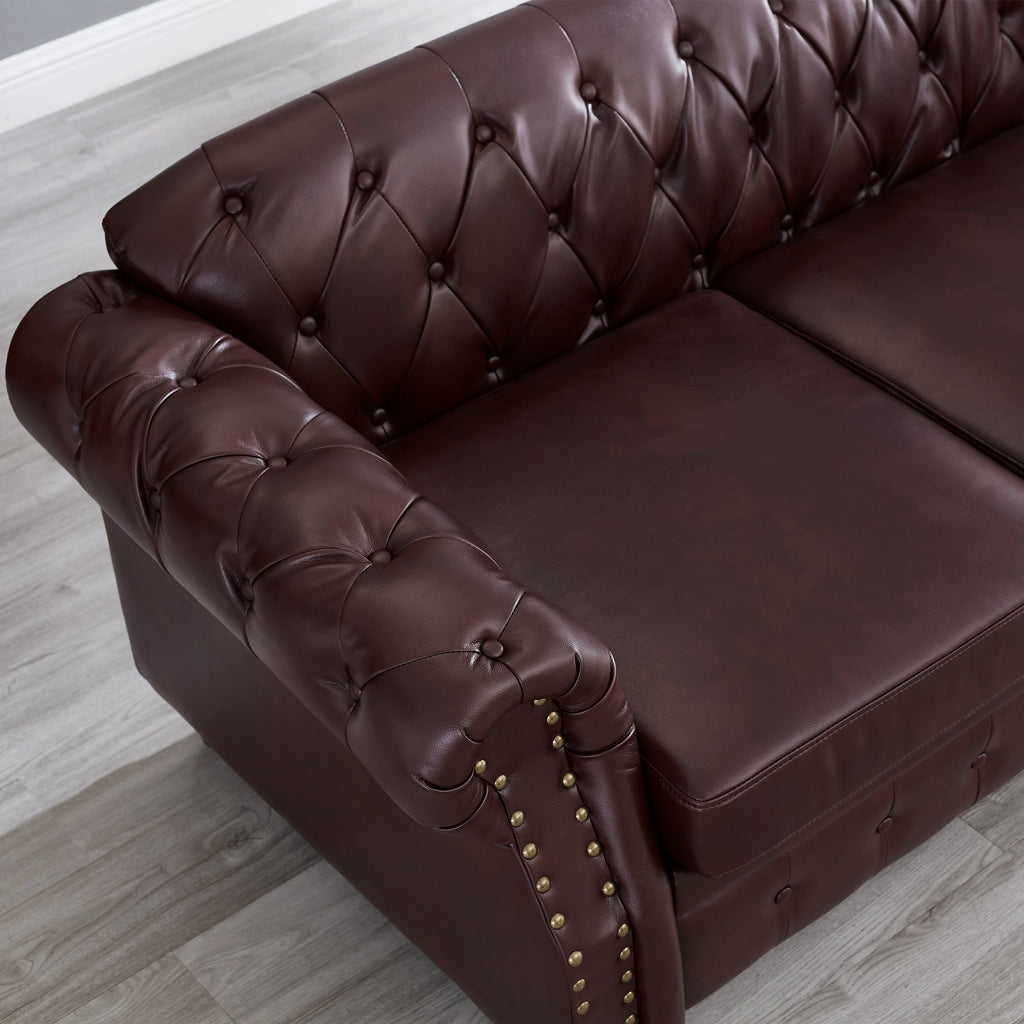 85.8' Living Room Chesterfield Sofa Classic Tufted Design Faux Leather PU Upholstered Sofa with Storage (Burgundy)