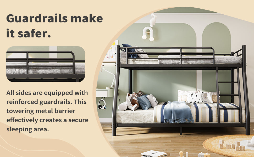 Twin Over Full Bunk Bed, Metal Bunk Bed Frame with Ladder, Safety Rail & Steel Slats, Space-Saving Bunk Beds for Kids Teens Adults, Noise Free for Dorm Bedroom, No Box Spring Needed