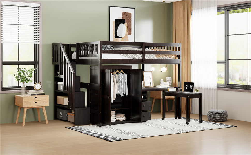 Full Size Loft Bed with Stairs, Bookshelf, Drawers, Desk & Wardrobe – Space-Saving Multifunctional Furniture for Kids & Teens-Espresso