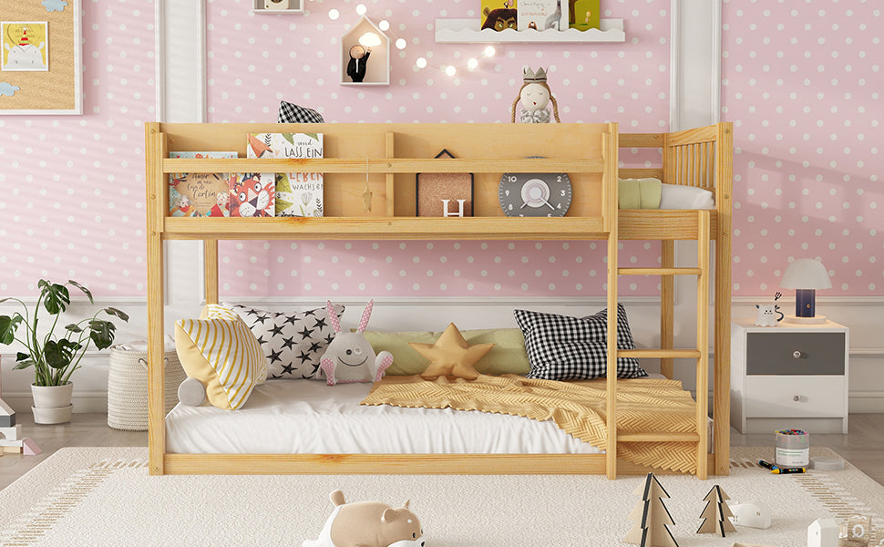 Low Twin Over Twin Bunk Bed, Floor Bunk Bed with Ladder, Solid Wood Twin Bunk Bed for Kids & Juniors, Natural(Expect Arrival Date 2025/11/25)