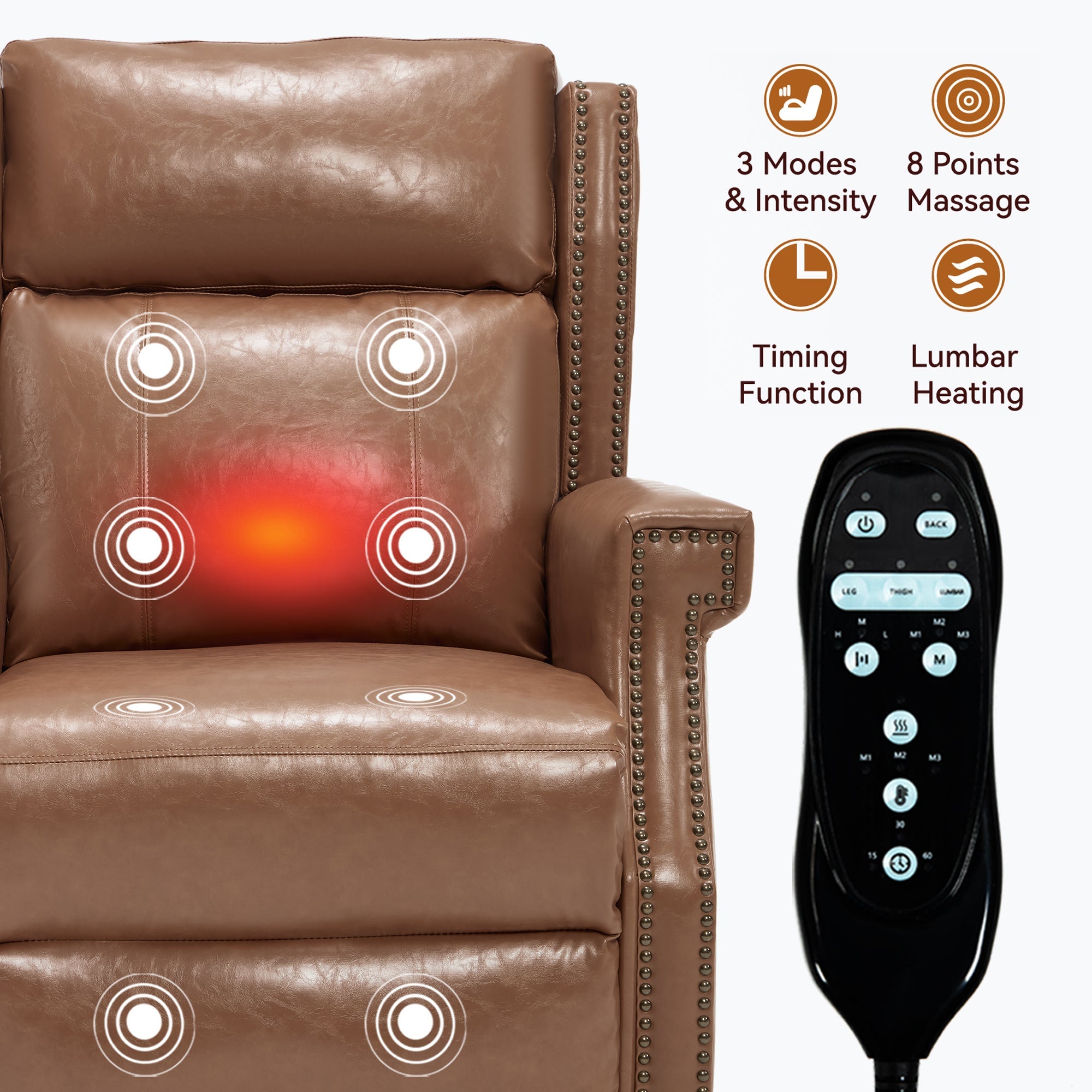 Camel Manual Recliner Chair in Faux Leather for Living Room with Heavy Duty Motion Mechanism, 8 vibrating nodes and 3 massage modes.