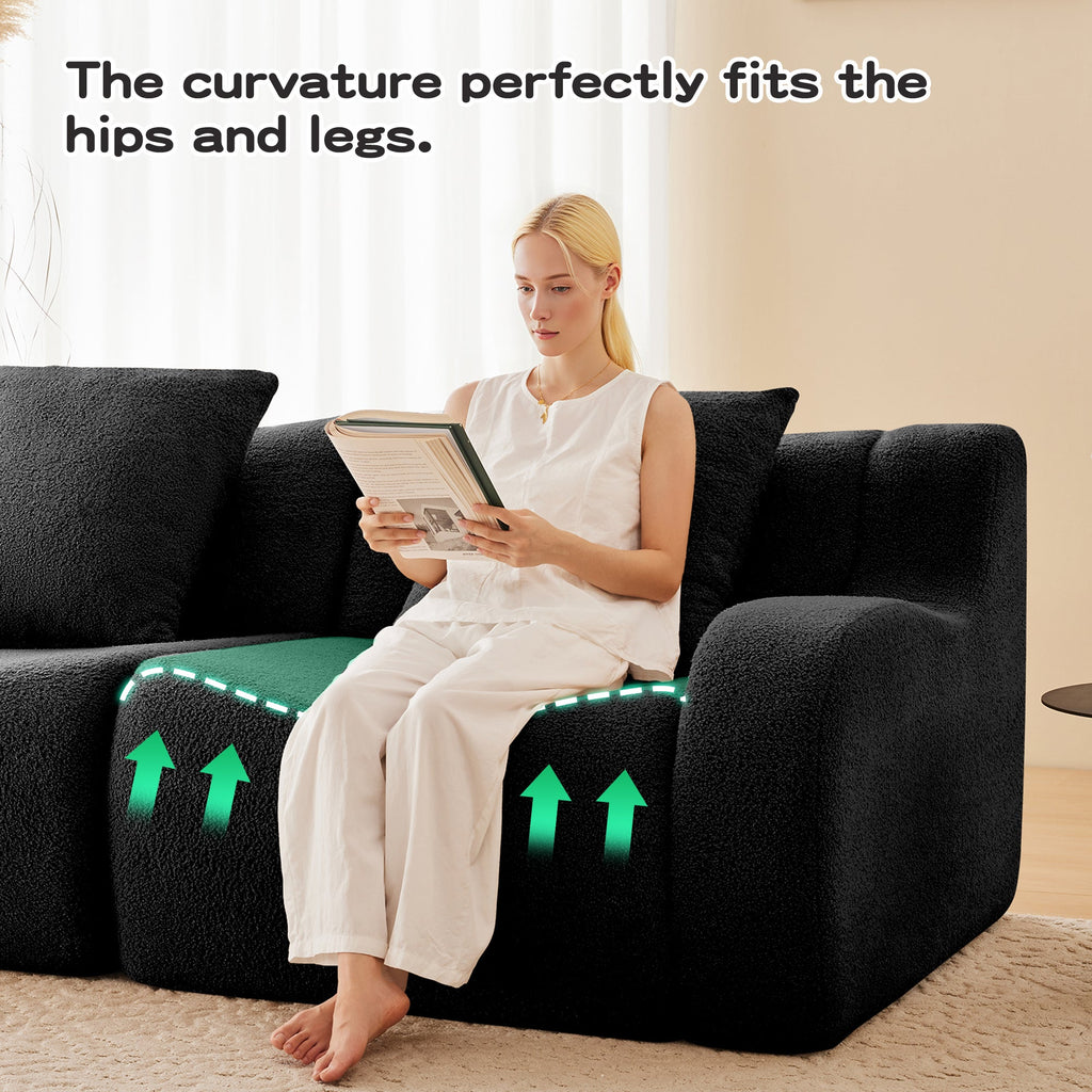 U-Shaped Boneless Sofa,Teddy Fabric No assembly required Curved armrest,Anti-slip Design,Streamlined Design 32D High Density Sponge,Full Compression Vacuum Packag,For Studies living Rooms,Black