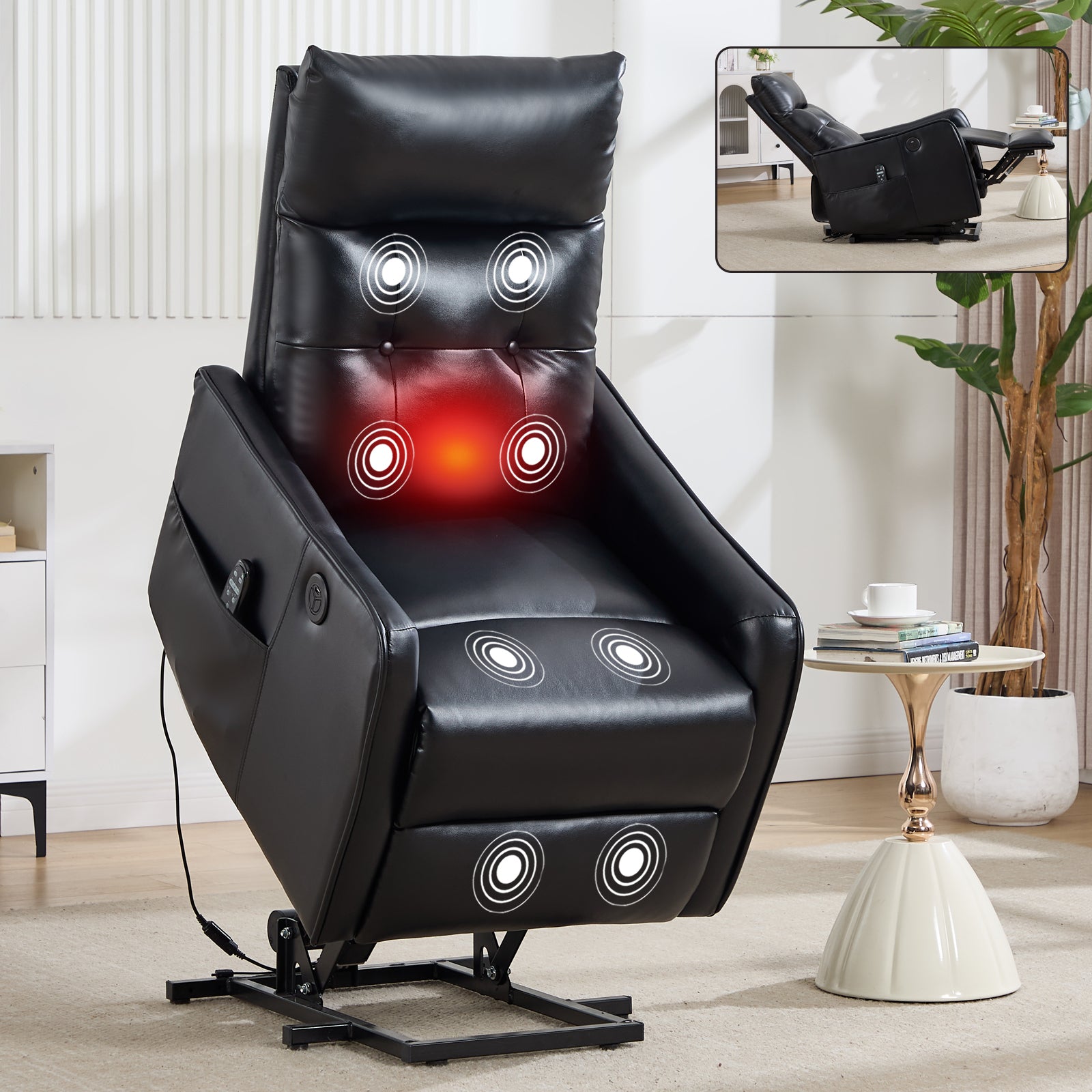 Black PU Single Motor Power Lift Recliner Chair with Massage and Heat for Elderly, Heavy Duty Motion Mechanism and One USB for Charging, Max Reclining Angle 155°