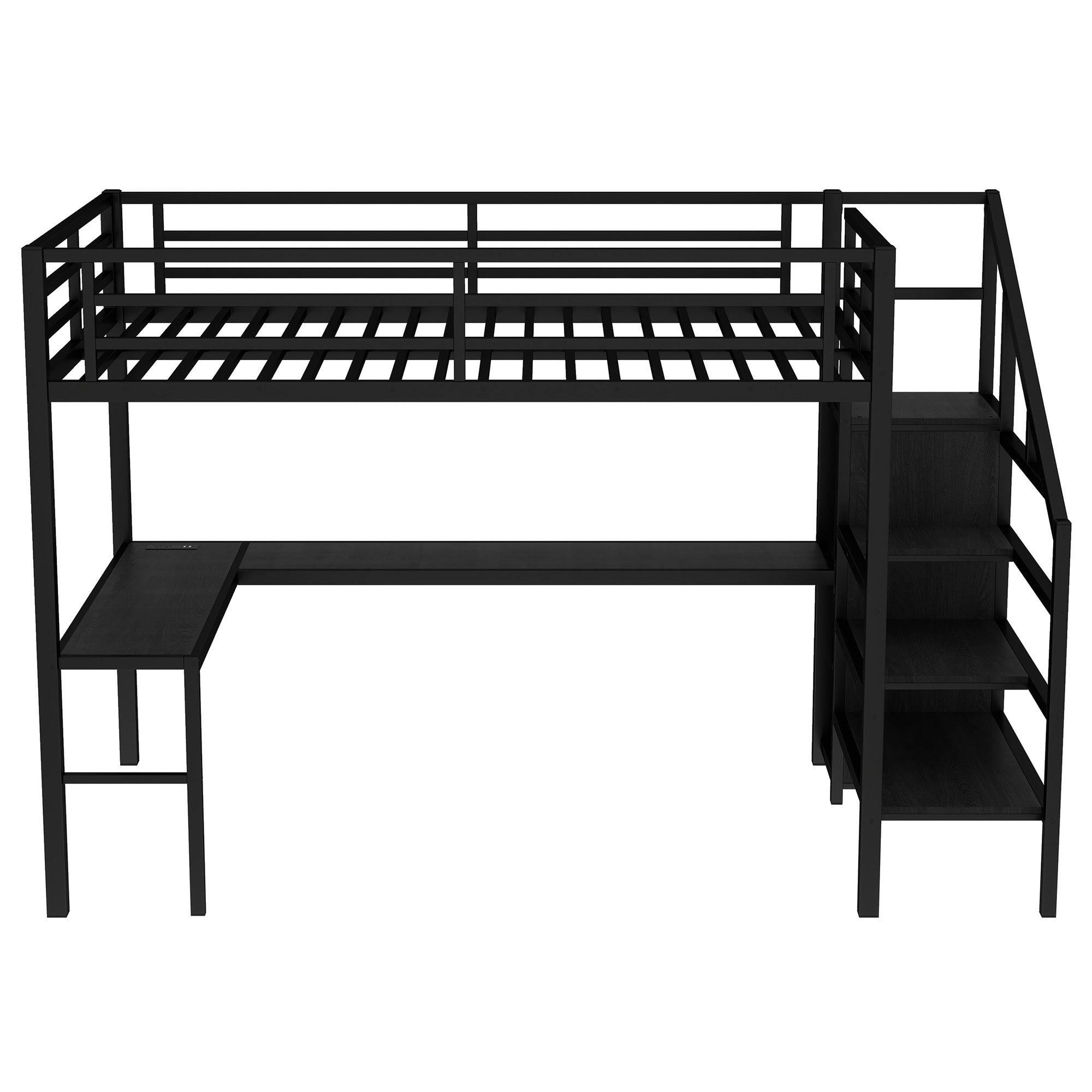 Full Size Loft Bed with L-shaped Desk and USB, Metal Loft Bed with Wardrobe and Adjustable Shelf, High Loft Bed with LED for Kids Teens Adults, Black