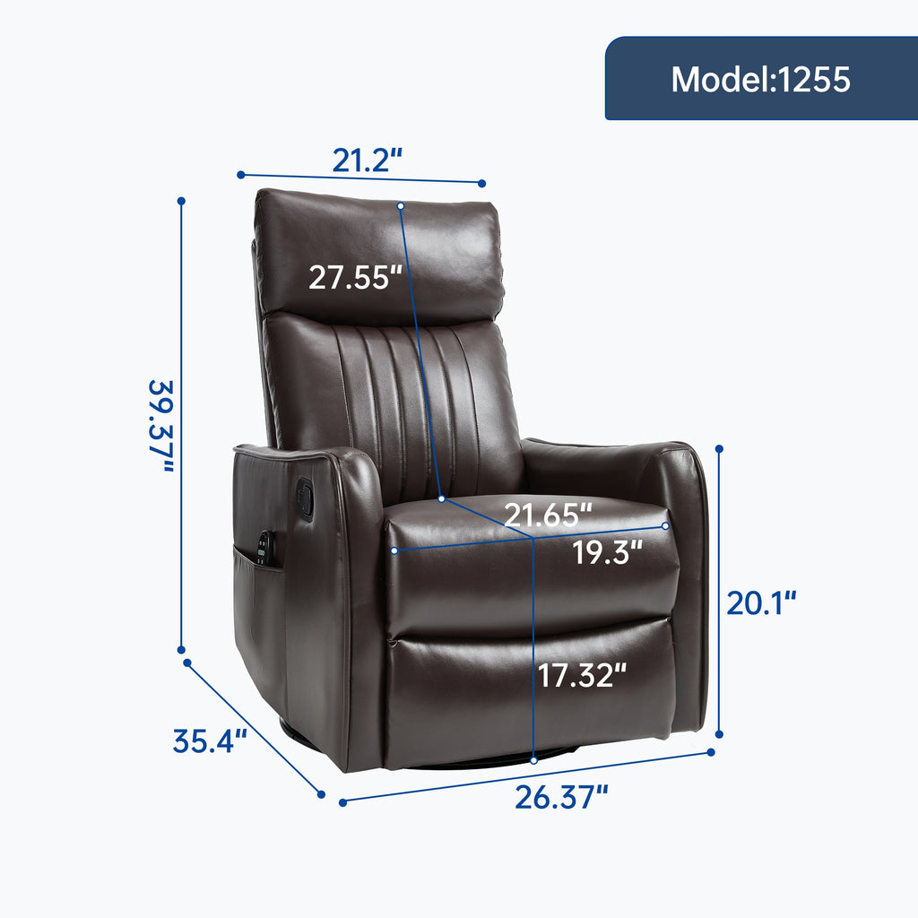 Brown Faux Leather Heat Massage Manual Recliner Chair with Rocker and Swivel for Living Room