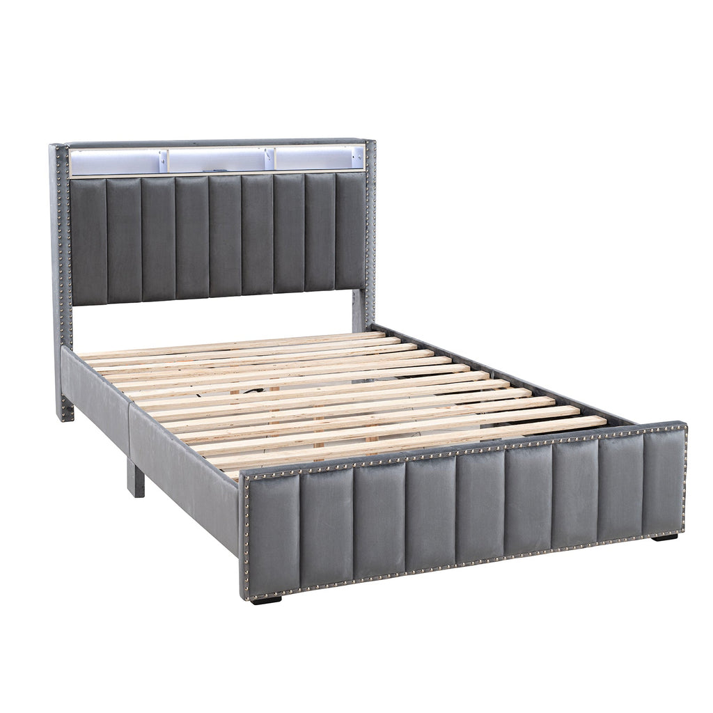 Contemporary 3pc Bedroom Set Full Size Bed 2x Nightstands Bedroom Furniture Dark Gray Fabric Upholstered Bedframe w LED Nailhead Trim