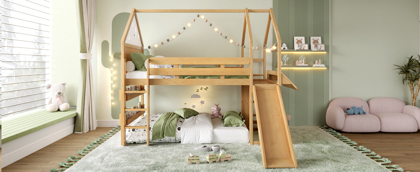 Full Size Loft Bed with Bookshelf Playful Design for Kids House-Shaped Structure with Slide High-Quality Safety Rails,Natural