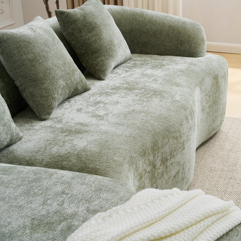 Full Compression L-Shape Sectional Sofa with Curved Chaise, Green Modular Chenille Couch, High-Density for Apartment Living Room