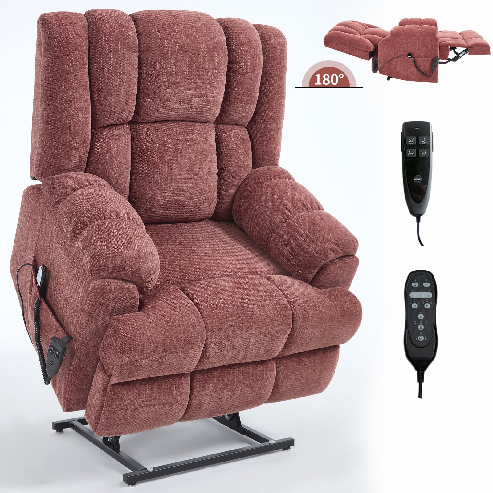 Dual Motor Heat Massage Infinite Position Up to 350 LBS Electric Power Lift Recliners with Power-Remote, Medium-firm and Heavy Duty, Red