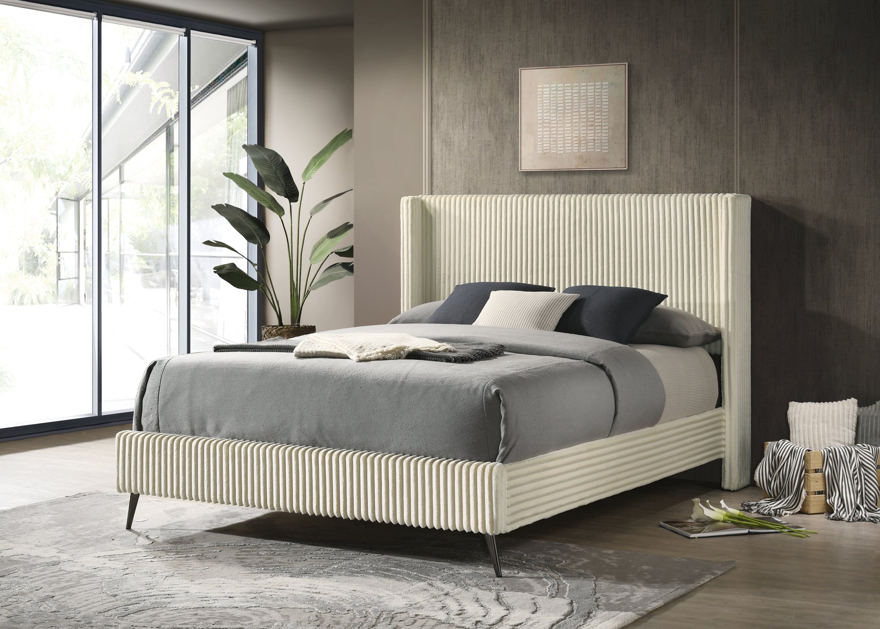 Mavela Wide Wale Corduroy Upholstery Panel Queen Bed with 2 Nightstands and Bench, Cream