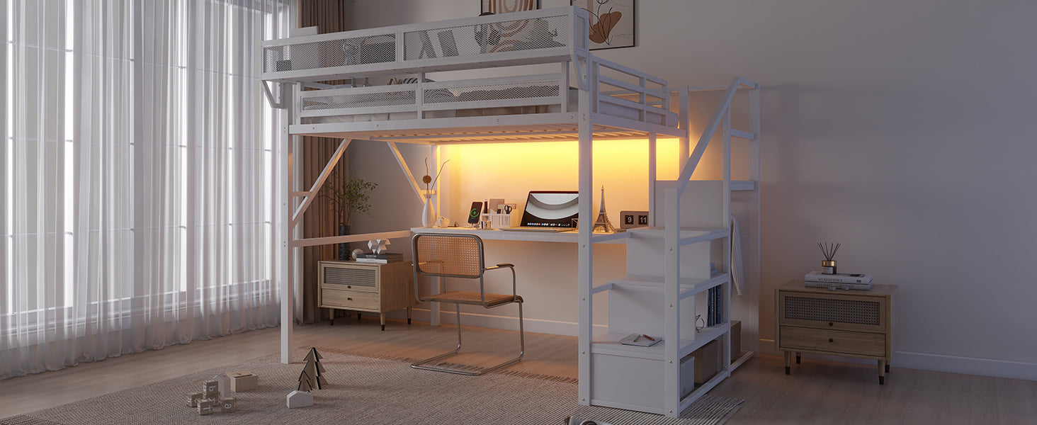 Queen Loft Bed with Desk and Charging Station, Queen Size Metal Loft Bed with Stairs and Light for Kids Teens,White(Old SKU W2580S00033)
