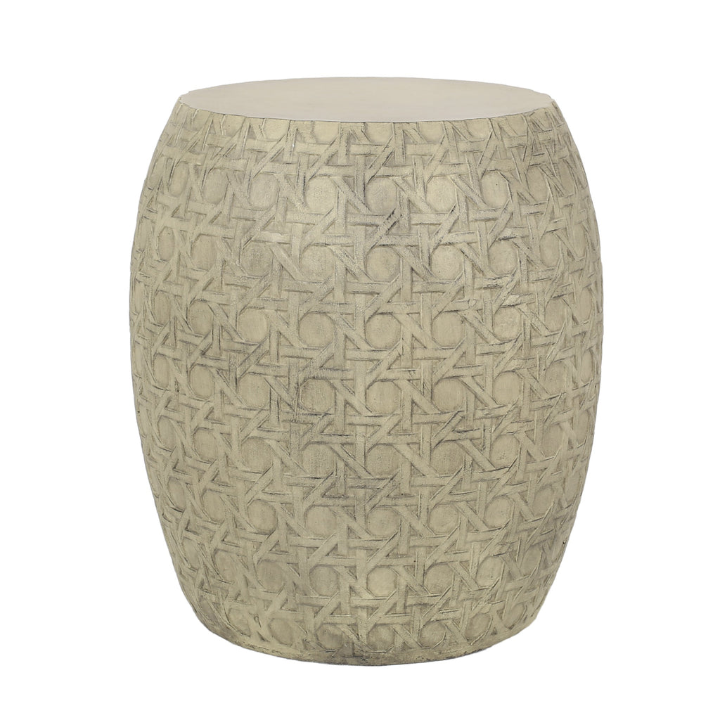 Bohemian Outdoor Lightweight Concrete Side Table with Cane Wicker Pattern, Antique Yellow, Magnesium Oxide, 17.50' x 17.50' x 19.75'