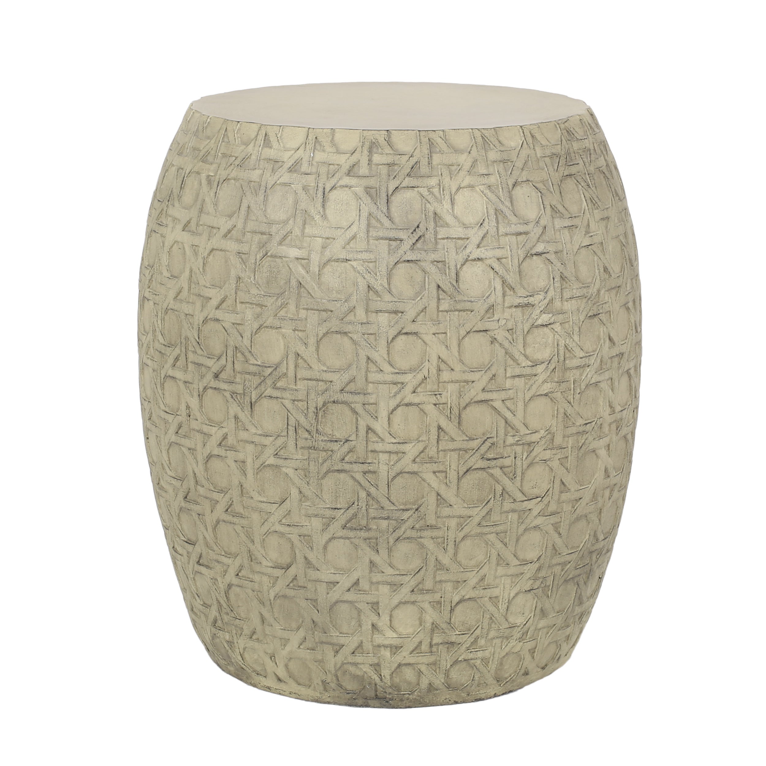 Bohemian Outdoor Lightweight Concrete Side Table with Cane Wicker Pattern, Antique Yellow, Magnesium Oxide, 17.50' x 17.50' x 19.75'