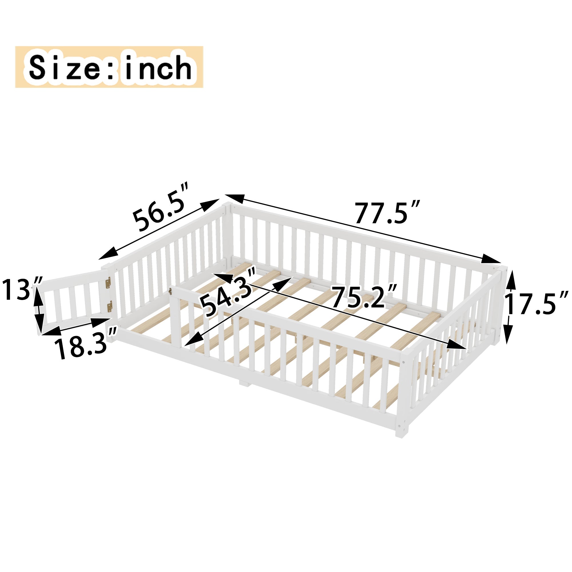 Full Size Bed Floor Bed with Safety Guardrails and Door for Kids, White(Old SKU: W1580P154625)