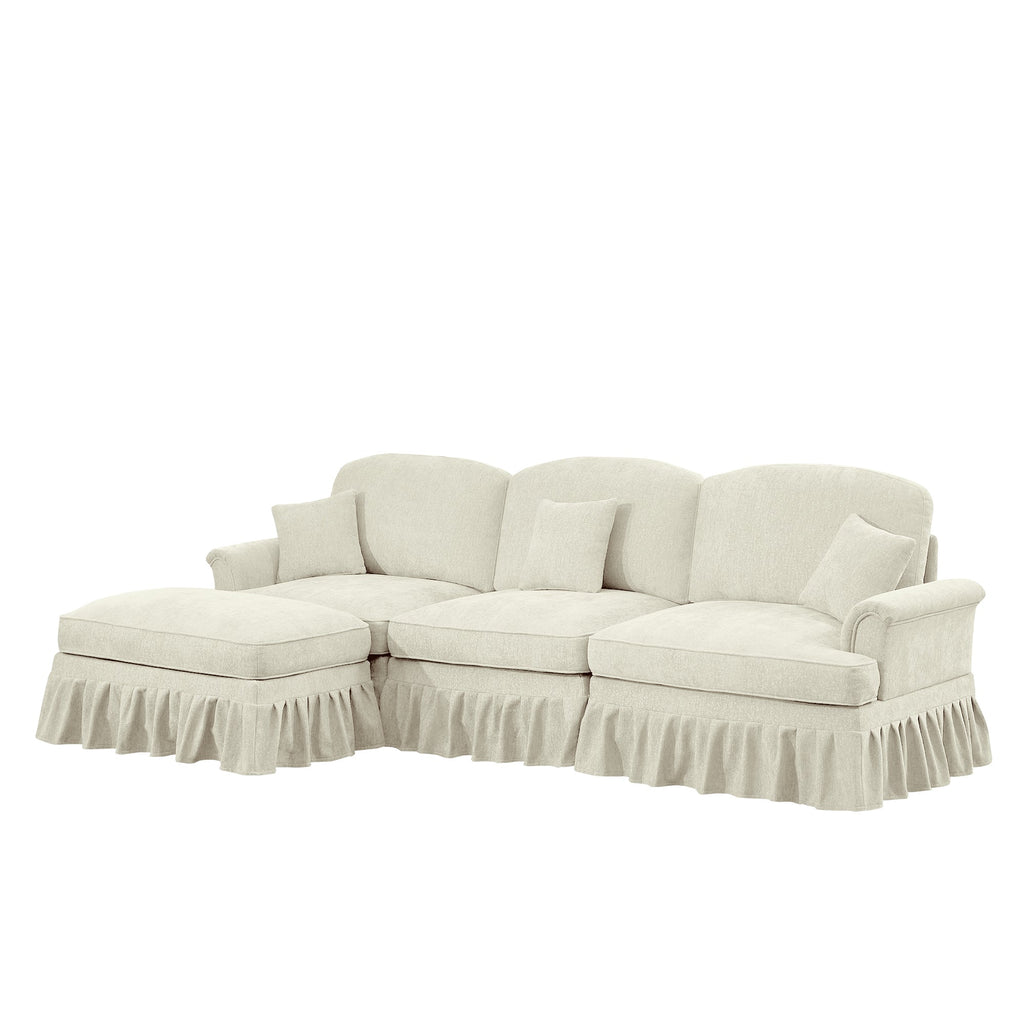 Mid Century Three Seater Modular L Shaped Sectional Couch with Flared Arms and Removable Ruffles Pleats Skirts and Spindle Legs, Comfy Chenille 3-Seat Deep Seat Sofa with Movable Ottoman, Beige White