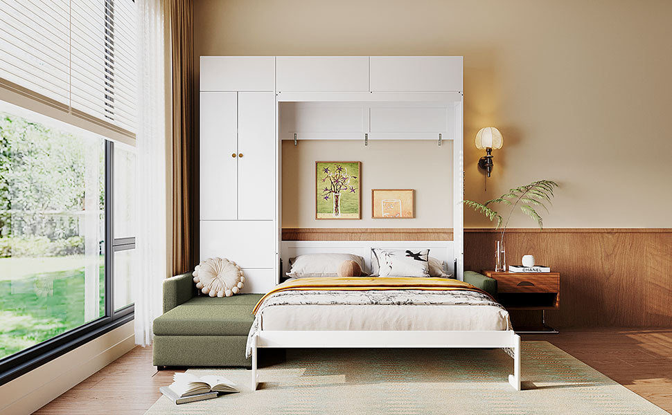 Queen Size Murphy Bed Wall Bed with Sofa and Shelves,White Panel, Green Sofa