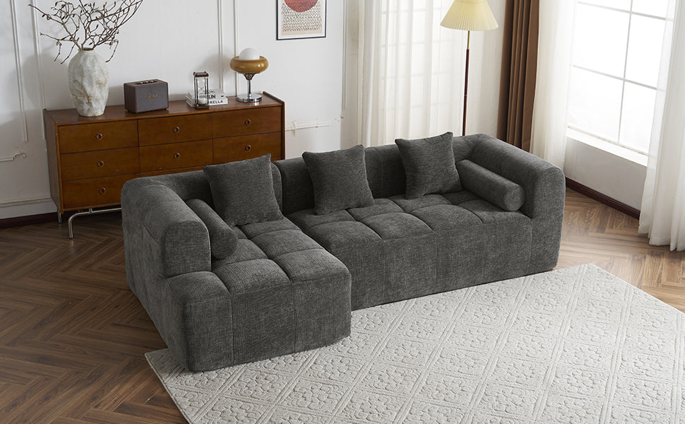 Modern Grey Modular Sectional Sofa with Deep Seating and Side Pockets in Chenille Fabric