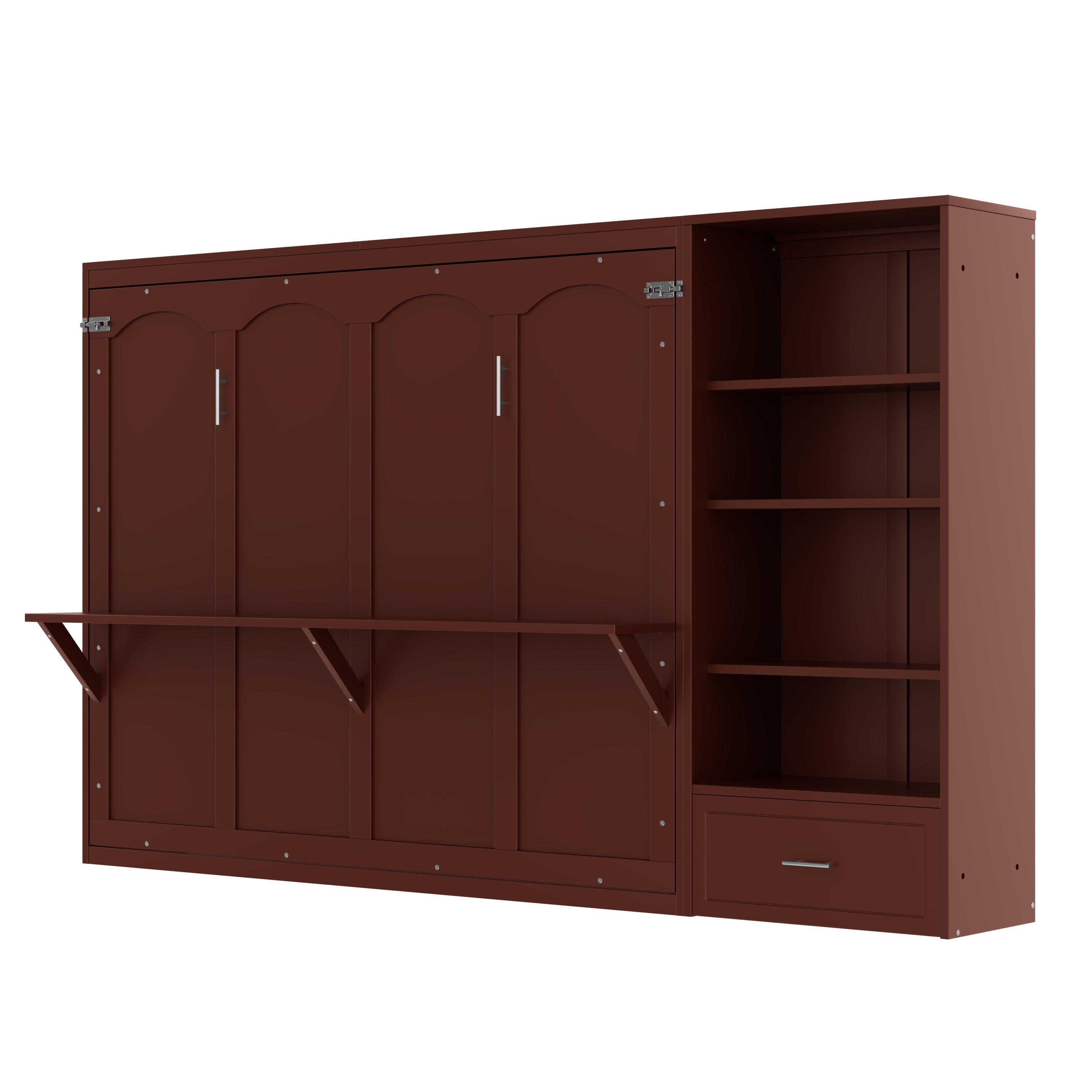 Queen Size Murphy Bed with Height Adjustable Storage Compartments and Shelf, Wall Bed Frame With 1 Drawer, Multifunctional Foldable Platform Bed for Small Space,Bedroom,Guest Room, Walnut