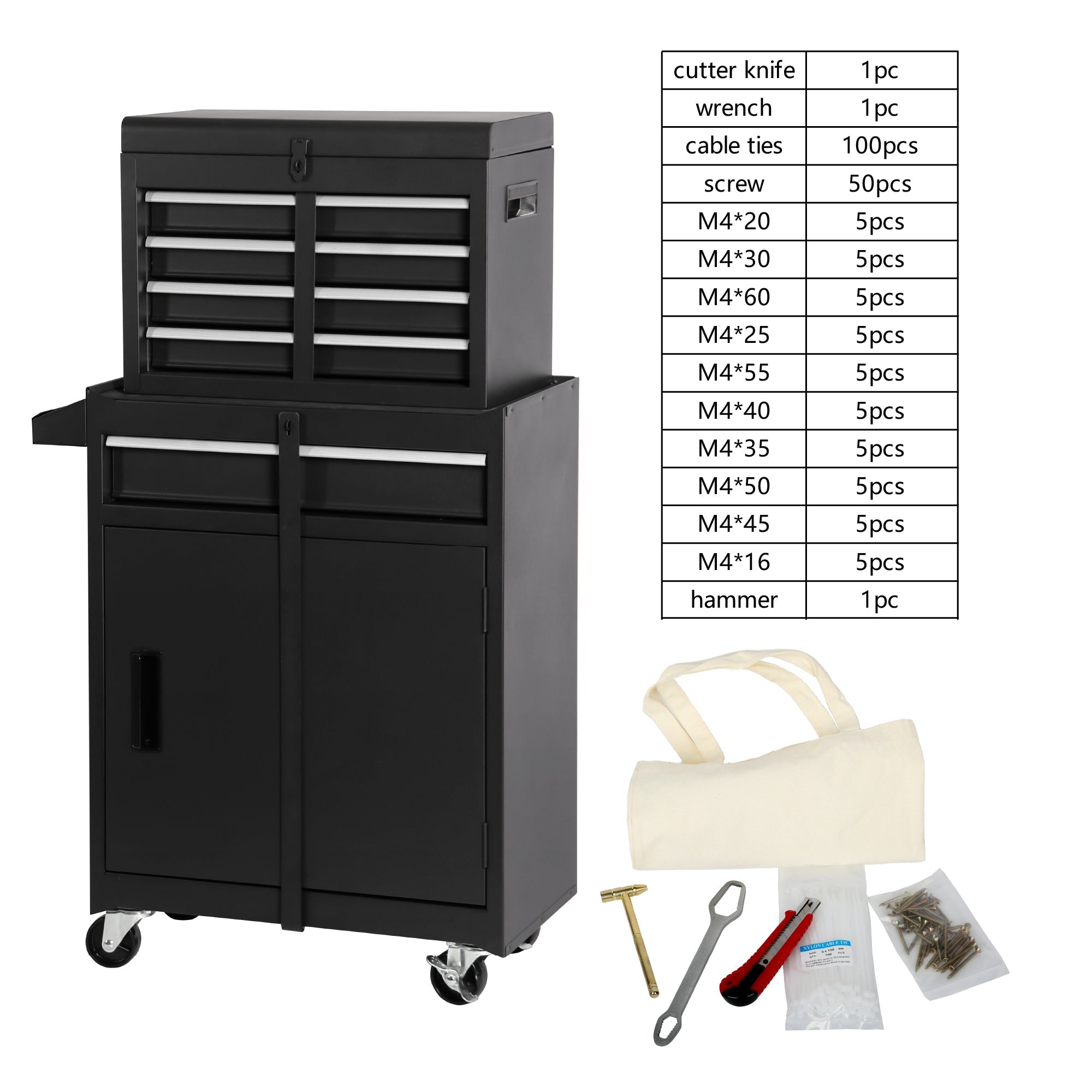 Tool Chest, 5-Drawer Rolling Tool Storage Cabinet with Detachable Top Tool Box, Liner, Universal Lockable Wheels, Adjustable Shelf, Locking Mechanism, Metal Tool Cart ,154pcs tools