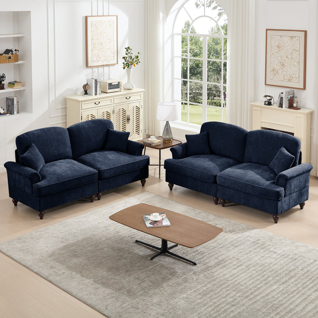 Classic 2 Piece Modular Couch Living Room Sofa Set with Flared Arms and Removable Ruffles Pleats Skirts and Spindle Legs, 2Seater Sofa + 2-Seat Loveseat Sofa Sets for Living Room, Blue