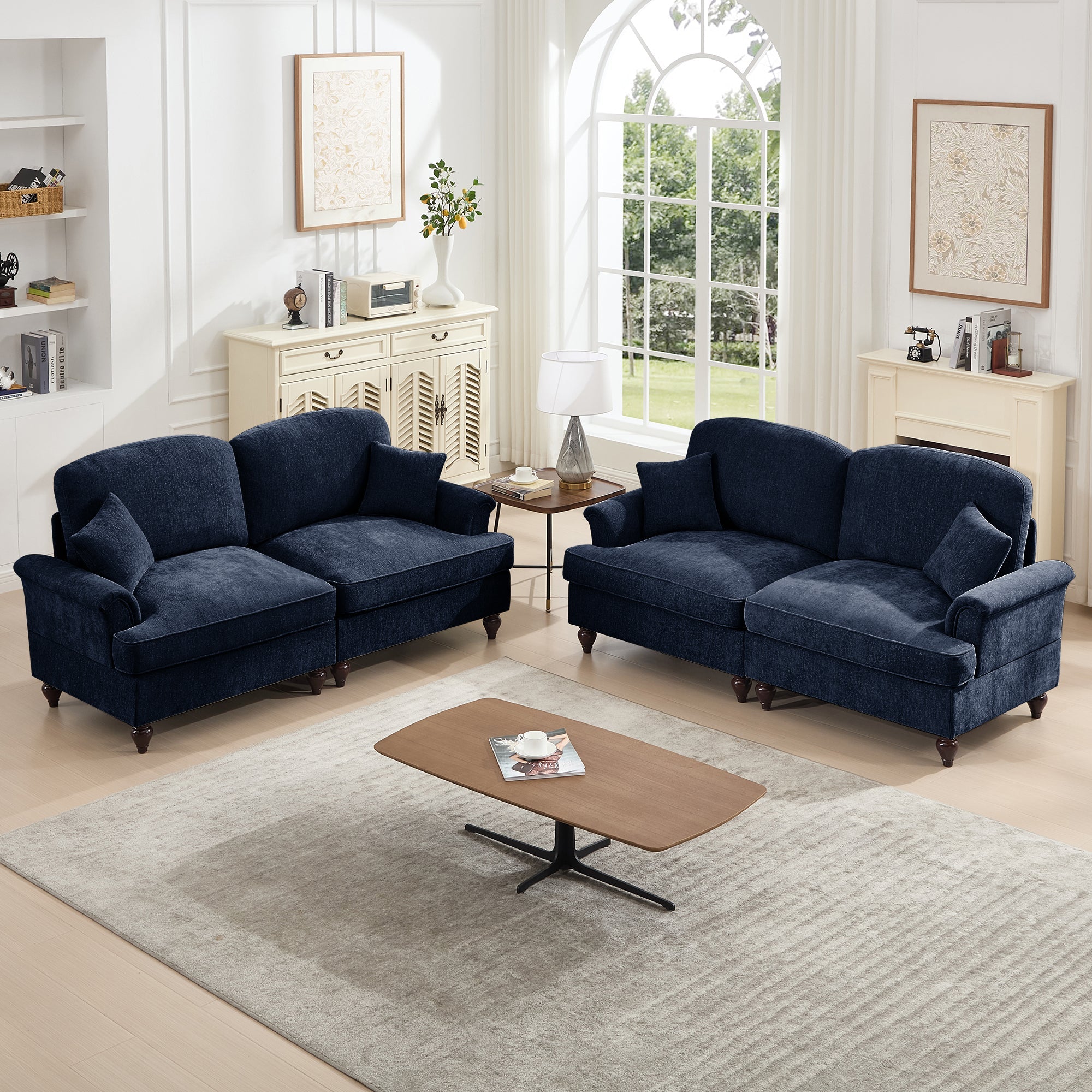 Classic 2 Piece Modular Couch Living Room Sofa Set with Flared Arms and Removable Ruffles Pleats Skirts and Spindle Legs, 2Seater Sofa + 2-Seat Loveseat Sofa Sets for Living Room, Blue