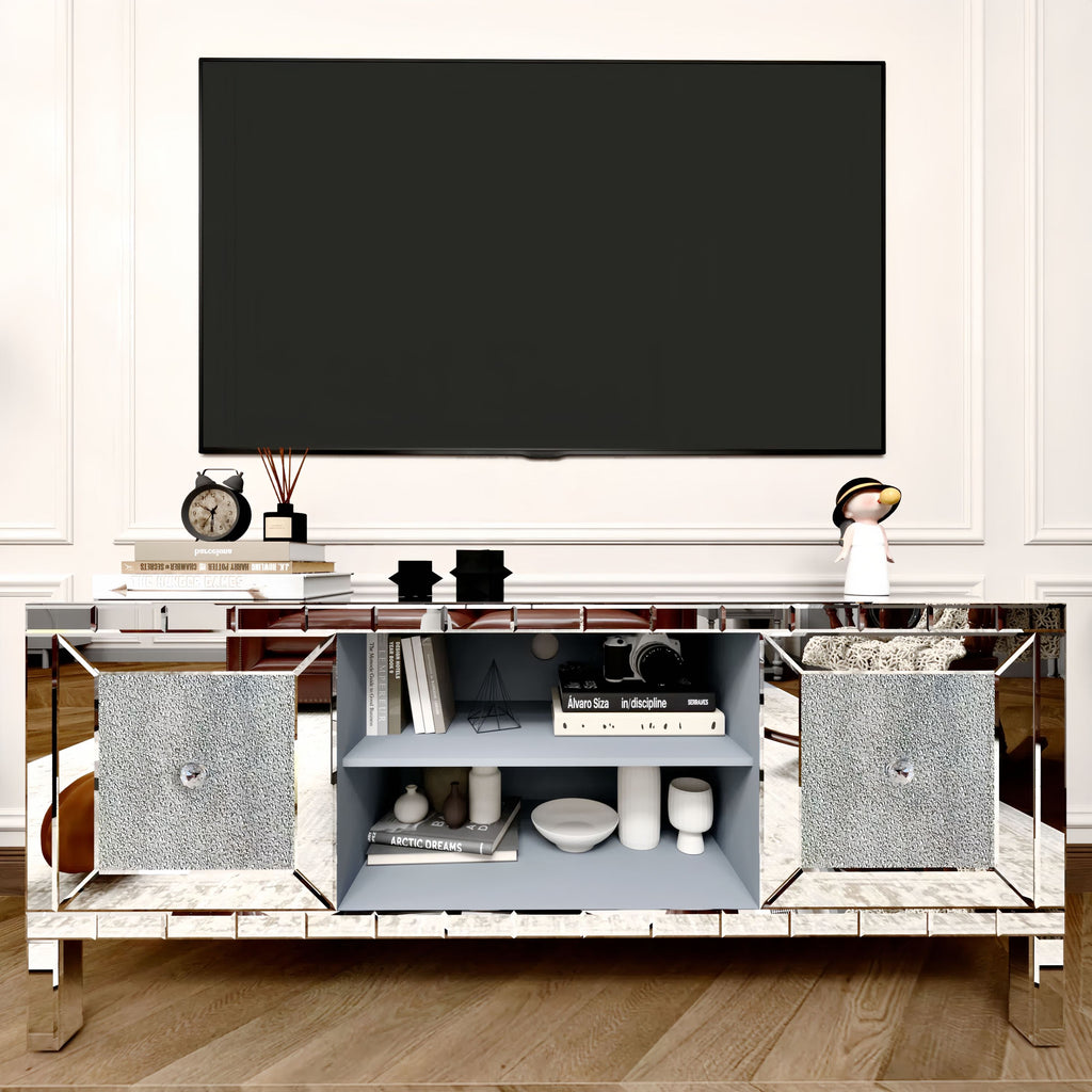 60' Mirrored TV Stand with Crushed Diamond Glass Doors - Modern Media Entertainment Center for Living Room, Adjustable Storage TV Console Table for 65-Inch TV