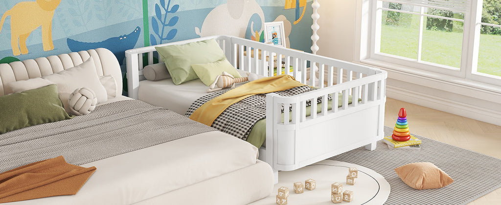 Twin Size Wood Platform Bed for Kids, Wood Low Profile Twin Bed with Rails for Girls and Boys, White (Patented Design)