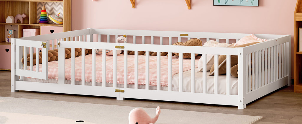 Queen Size Bed Floor Bed with Safety Guardrails and Door for Kids, White(Old SKU:  W1580P154628 )