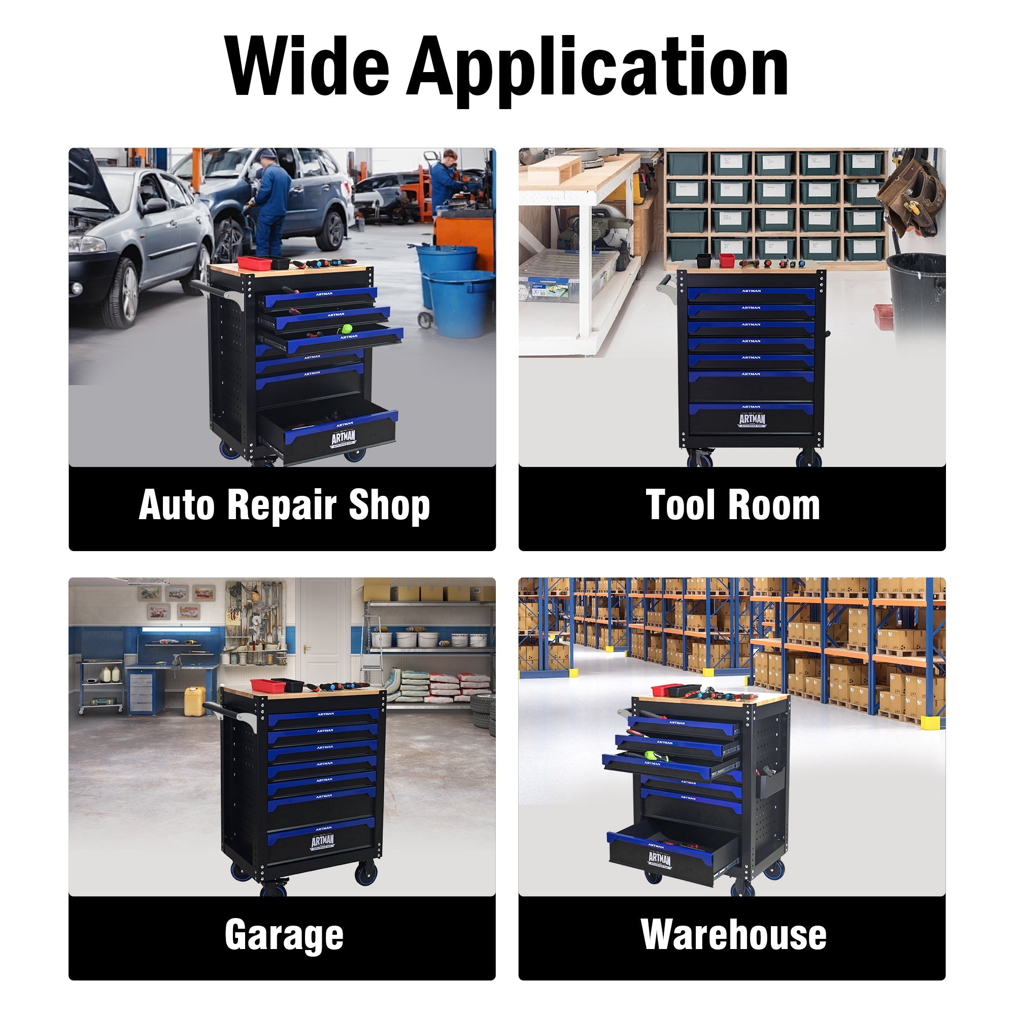 30-inch 7-drawer Wood-top Practical Rolling Steel Tool Cart, With Handle and Wheels, Storage Cabinet for Garages, Warehouses, Repair Shops, Requires Assembly of the the Tool Cart - Black & Blue