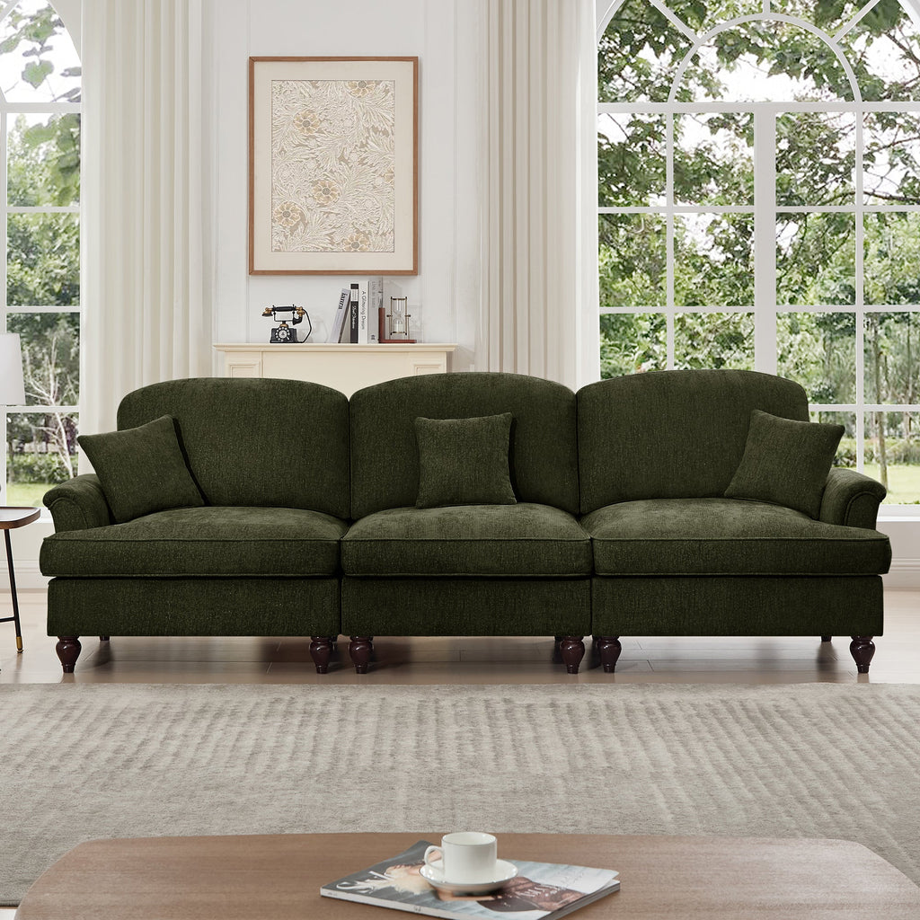 Elegant Mid Century Large 3 Seater Sofa Couch with Flared Arms and Removable Ruffles Pleats Skirts and Spindle Legs, Comfy Chenille Three-Seat Sofa for Living Room, Green