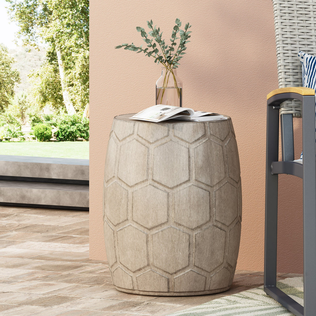 Boho Outdoor Lightweight Concrete Side Table with Honeycomb Pattern in Natural Finish, Magnesium Oxide, 15.25 x 15.25 x 18.25 inches
