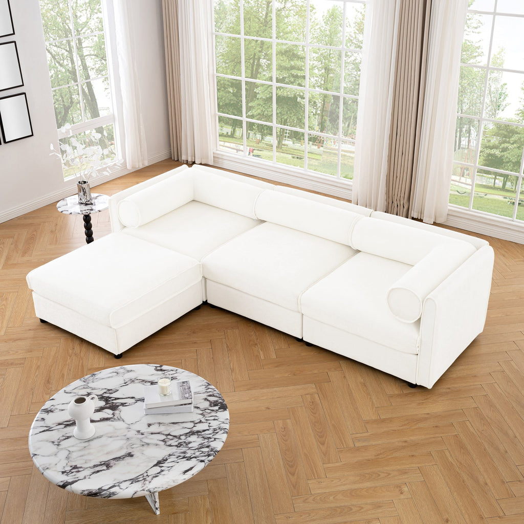 Elegant White Chenille  Sofa with Storage Seat and Ottoman, L-Shaped 3-Seater Cylindrical Backrest and Armrests, Contemporary 3-Seater Fabric Couch with Hidden Storage Compartment