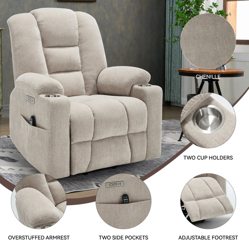 Power Lift Recliner Chair with Massage and Heat for Elderly, Overstuffed Wide Recliners, Heavy Duty Motion Mechanism with USB and Type C Ports, 2 Steel Cup Holders, Beige