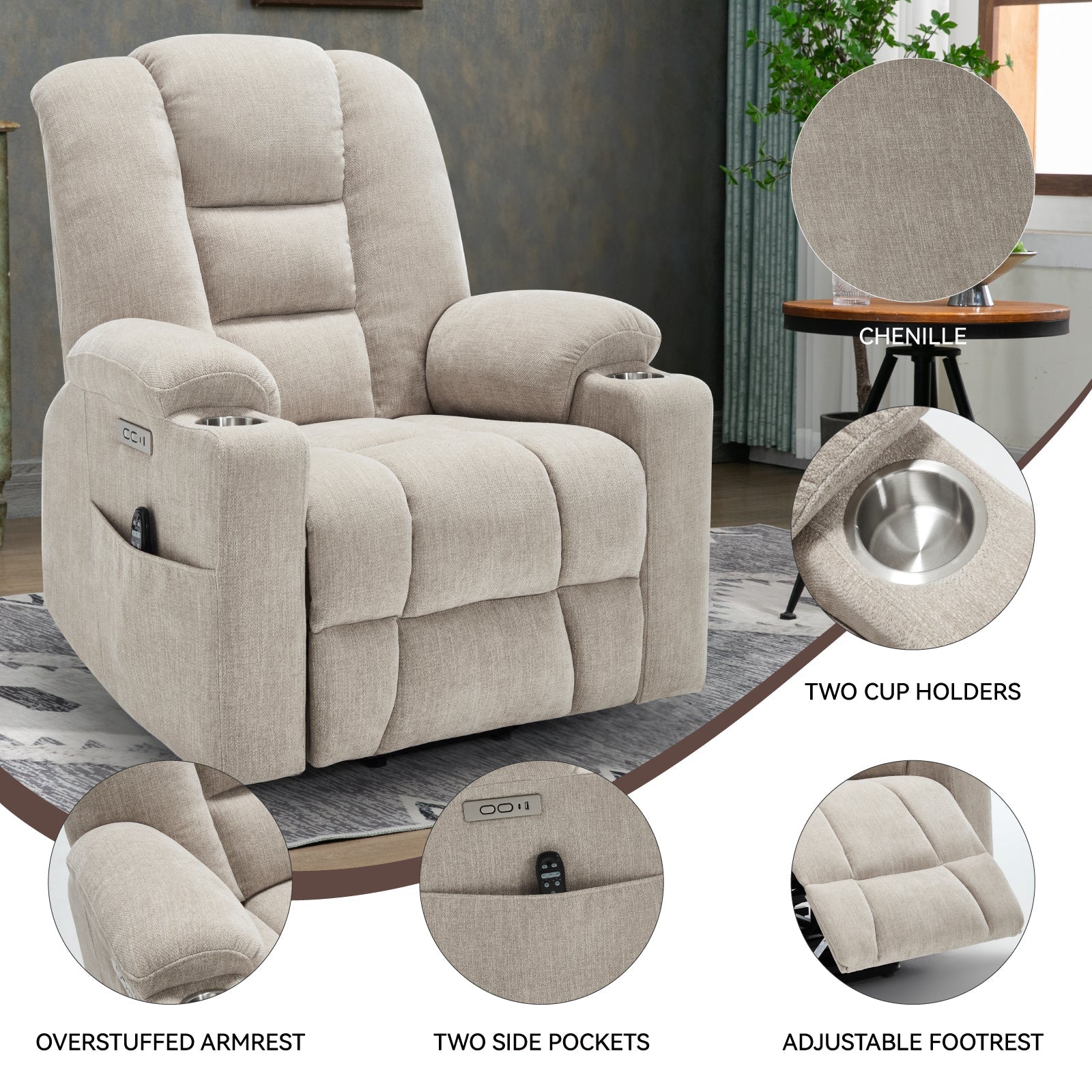 Power Lift Recliner Chair with Massage and Heat for Elderly, Overstuffed Wide Recliners, Heavy Duty Motion Mechanism with USB and Type C Ports, 2 Steel Cup Holders, Beige